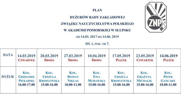 Plan dyzurow ZNP marzec czerwiec 2019