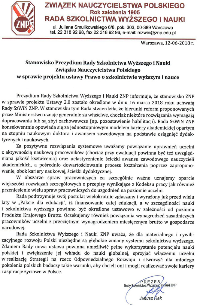 Stanowisko Prezydium RSzWiN ZNP z 12 06 2018