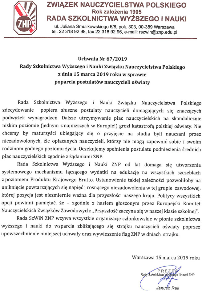Uchwala w sprawie poparcia protestu ZNP