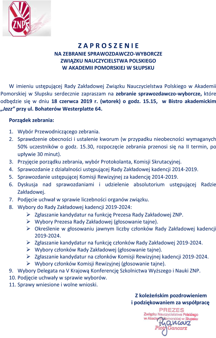 Zaproszenie ZNP 18 czerwca 2019